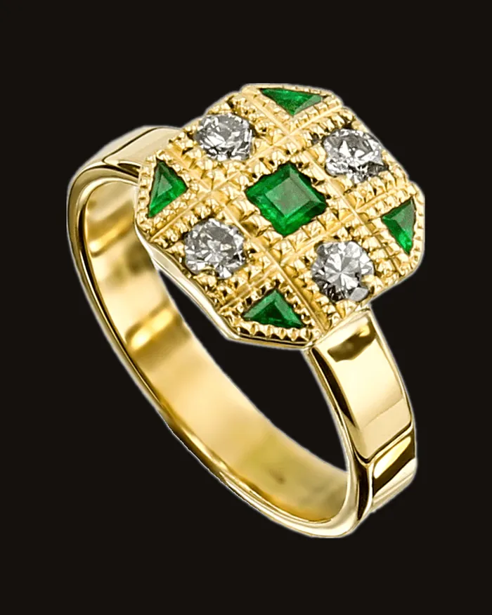 Emeralds and diamonds set in a milgrain grid, yellow gold